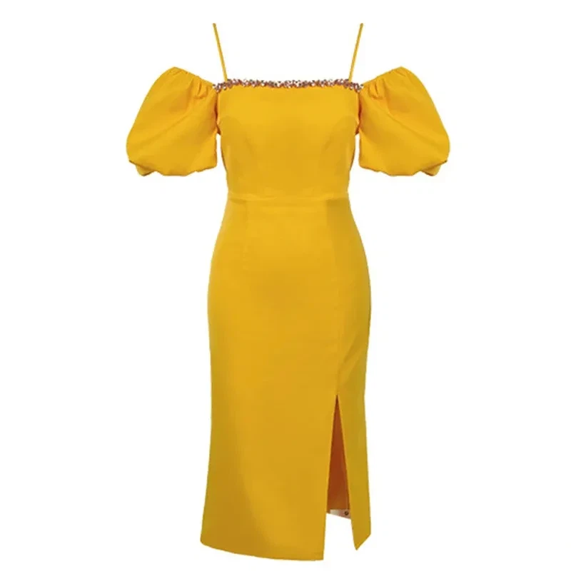 Yellow Puff Sleeve Midi Dress