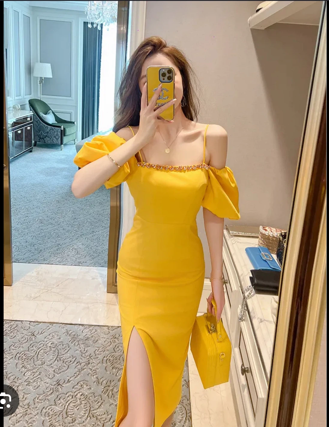 Yellow Puff Sleeve Midi Dress - photo 2