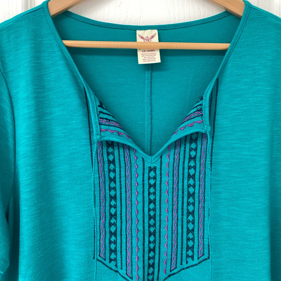 New Faded Glory Teal Embroidered Tunic Top 1X - photo 2