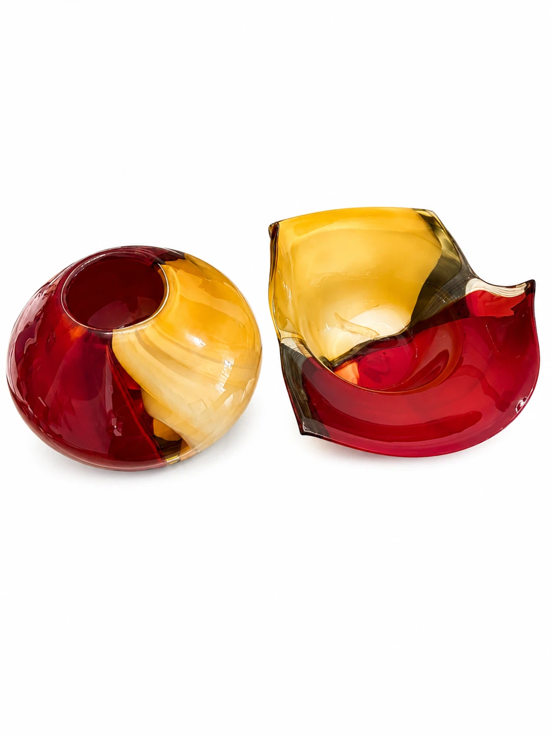 Sculptural Red & Amber Art Glass Vase & Bowl Set