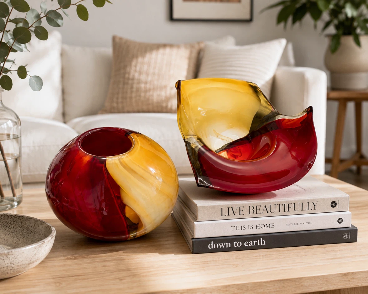 Sculptural Red & Amber Art Glass Vase & Bowl Set - photo 2