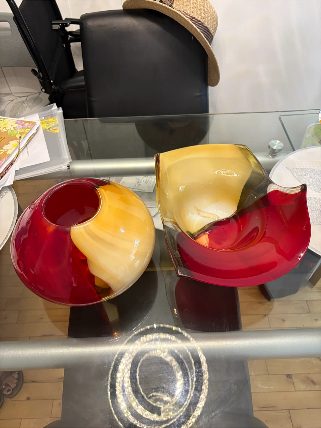 Sculptural Red & Amber Art Glass Vase & Bowl Set - photo 3