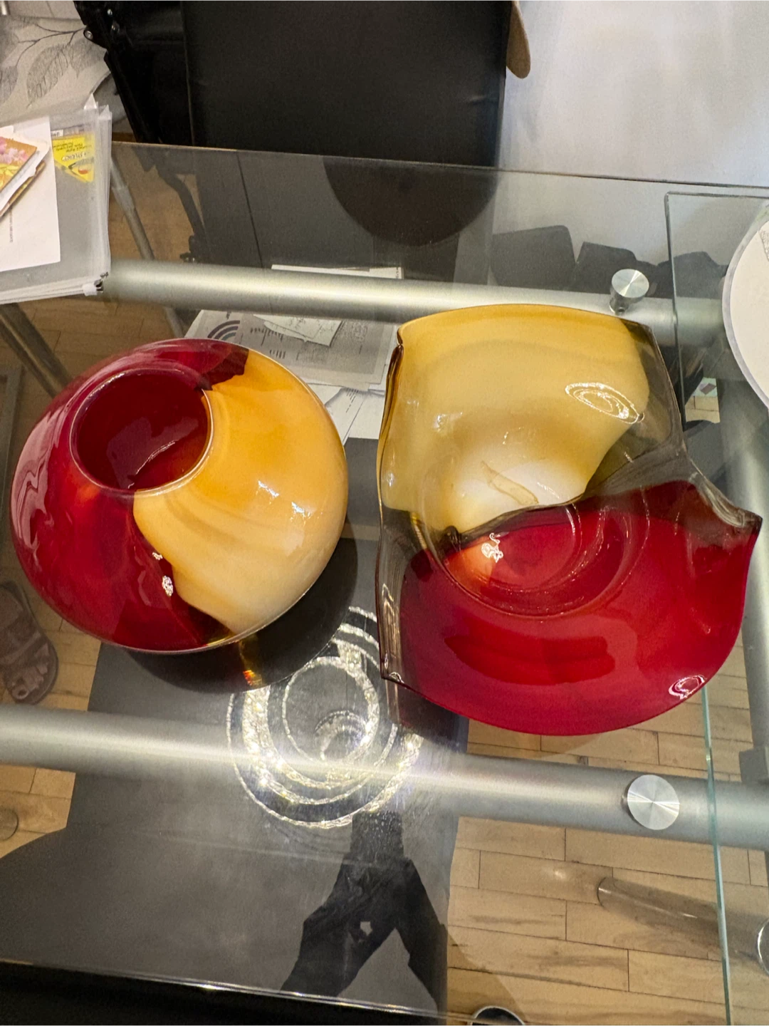 Sculptural Red & Amber Art Glass Vase & Bowl Set - photo 4