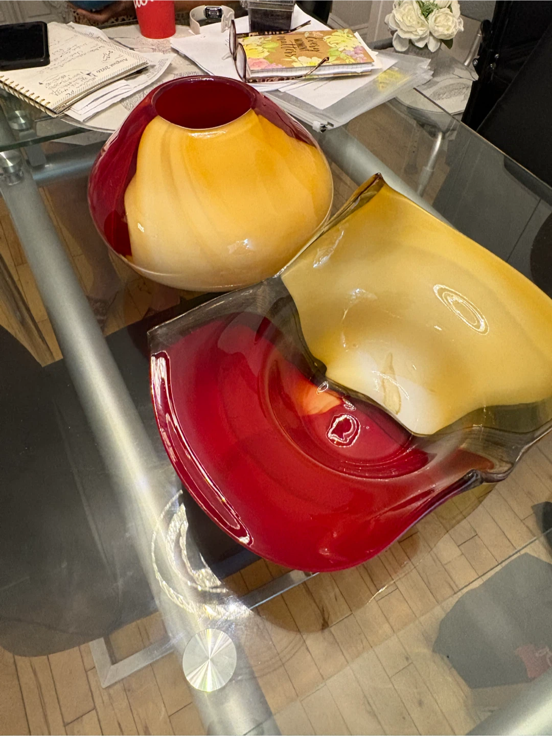 Sculptural Red & Amber Art Glass Vase & Bowl Set - photo 5