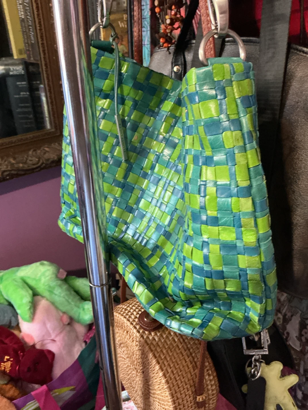 Woven Leather Handbag - Green/Blue