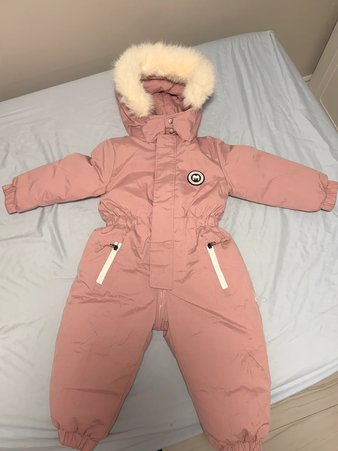 Pink Hooded Snowsuit with Faux Fur Trim