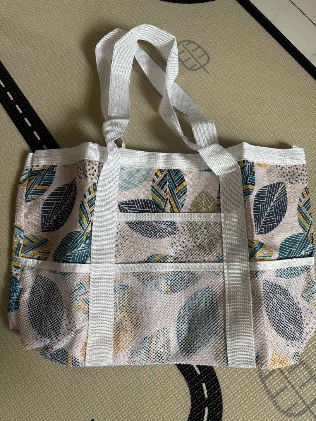 Leaf Print Tote Bag with Mesh Pockets