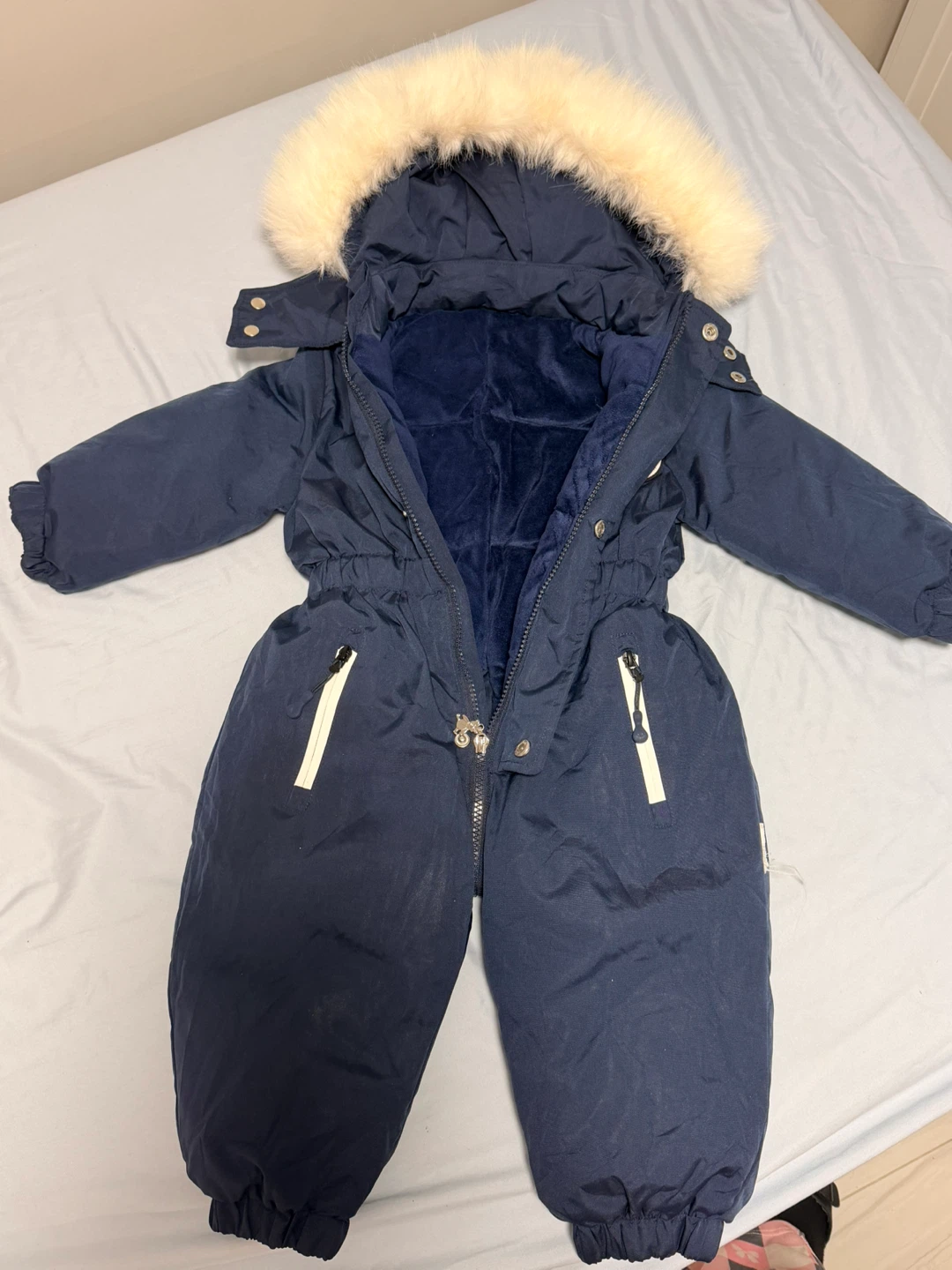Navy blue winter snowsuit with faux fur hood - photo 2