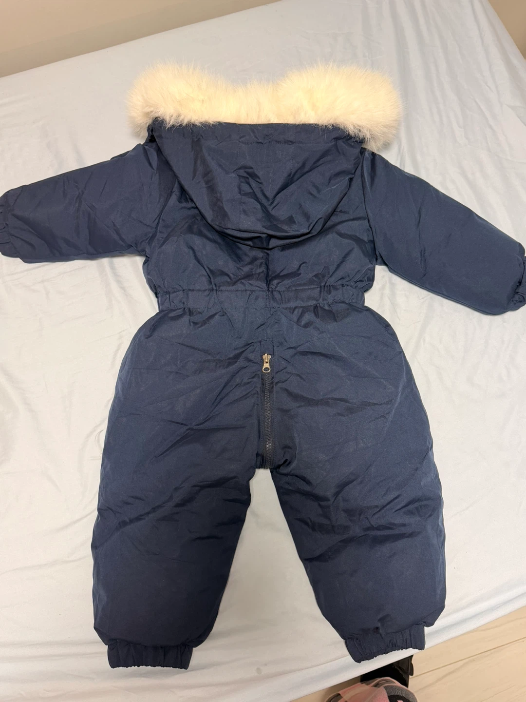 Navy blue winter snowsuit with faux fur hood - photo 3