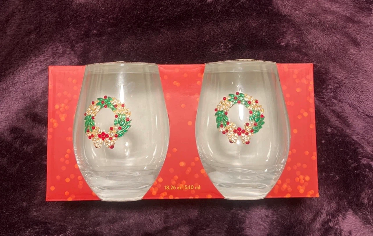 Set of 2 Stemless Wine Glasses - Christmas Wreath Design