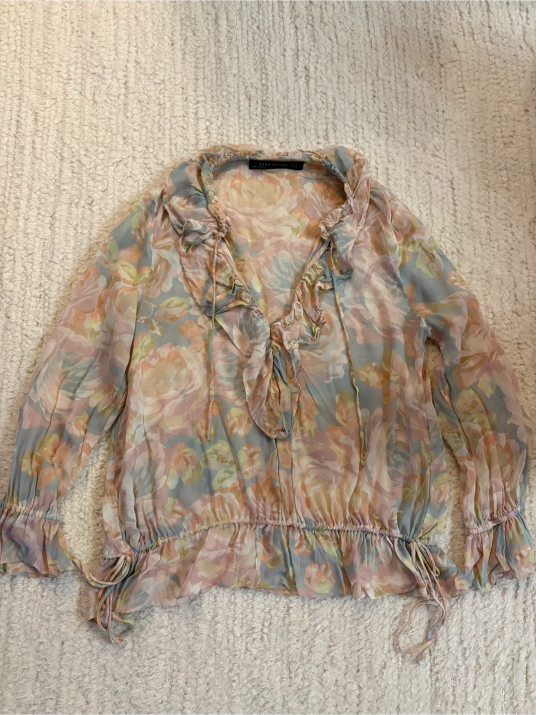 Lightweight Zara blouse pastel floral print ruffled neckline