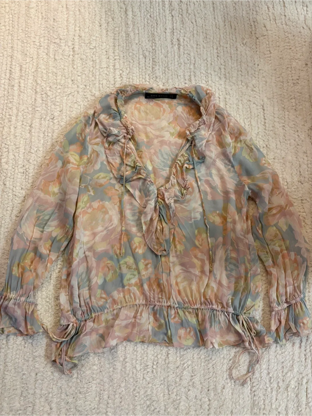 Lightweight Zara blouse pastel floral print ruffled neckline