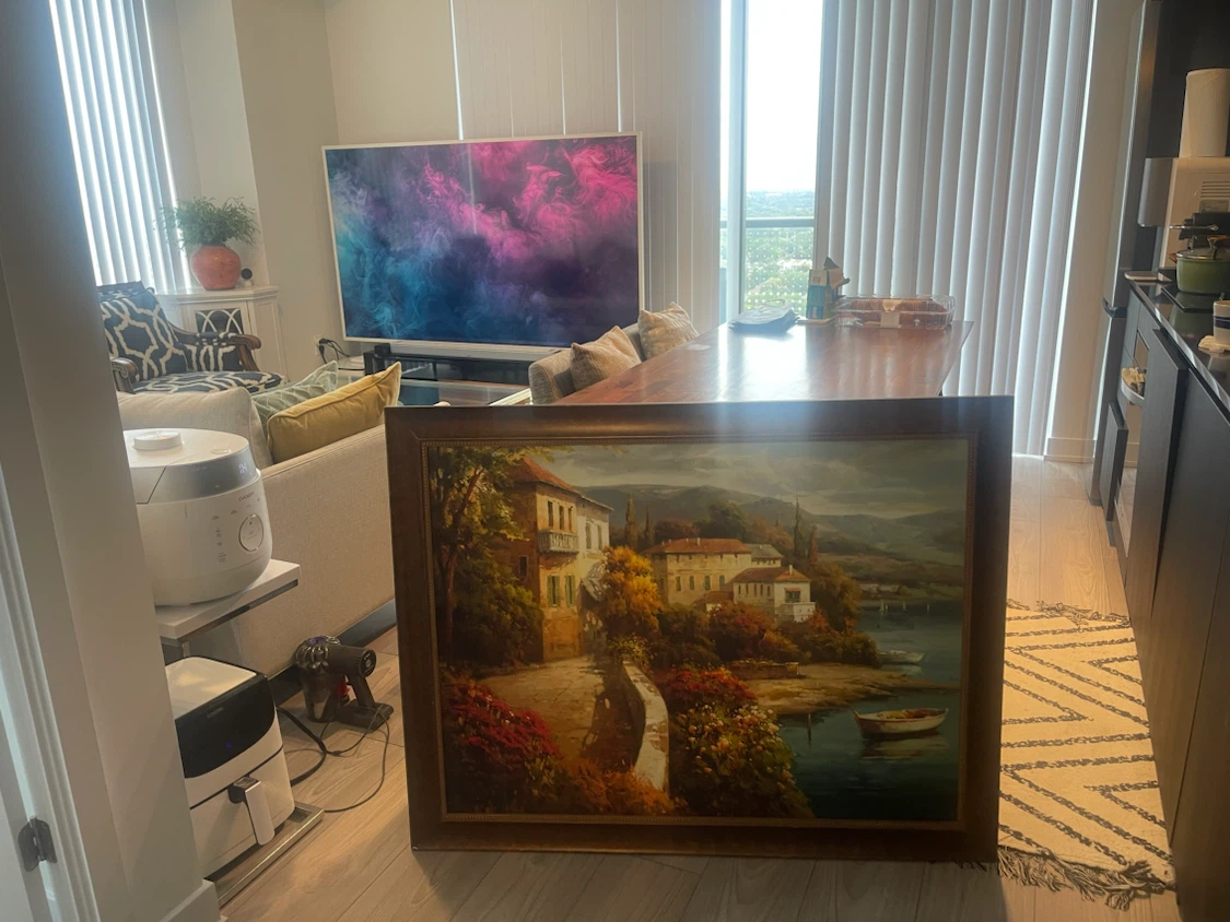 Large framed landscape painting of a coastal village - photo 2