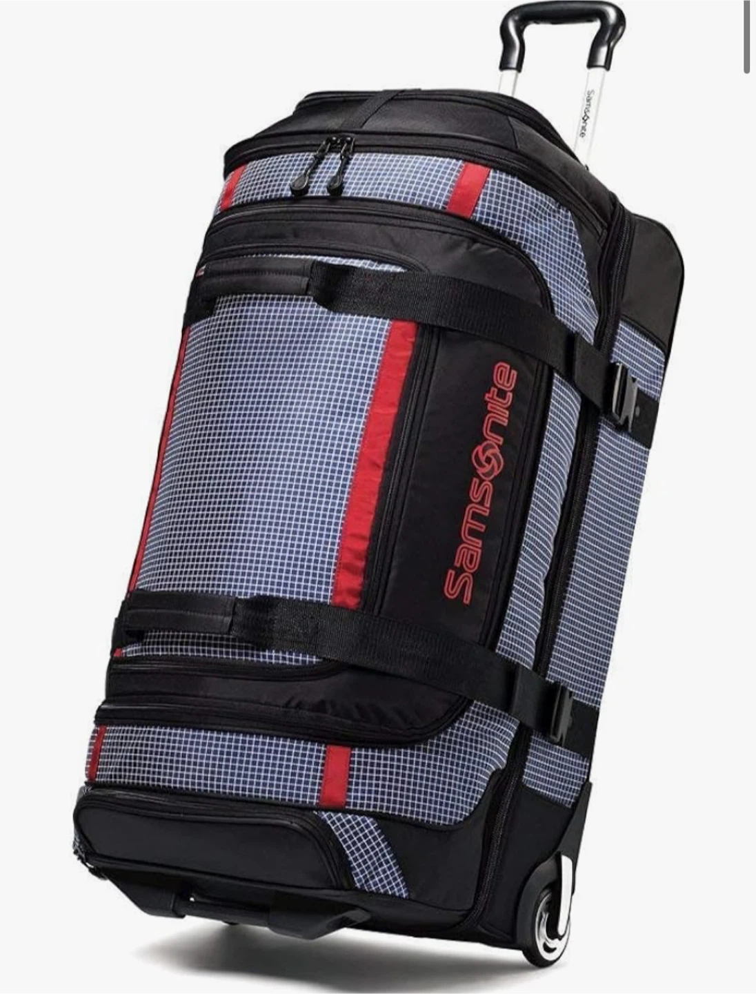 Samsonite rolling duffel bag in black and red