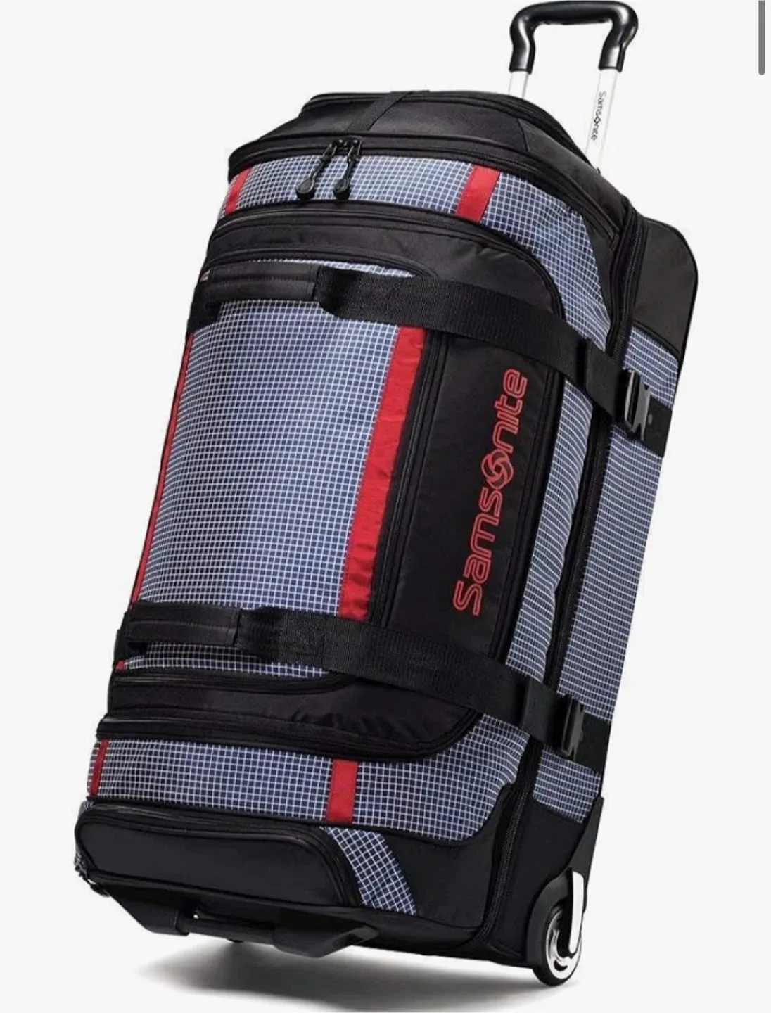 Samsonite rolling duffel bag in black and red