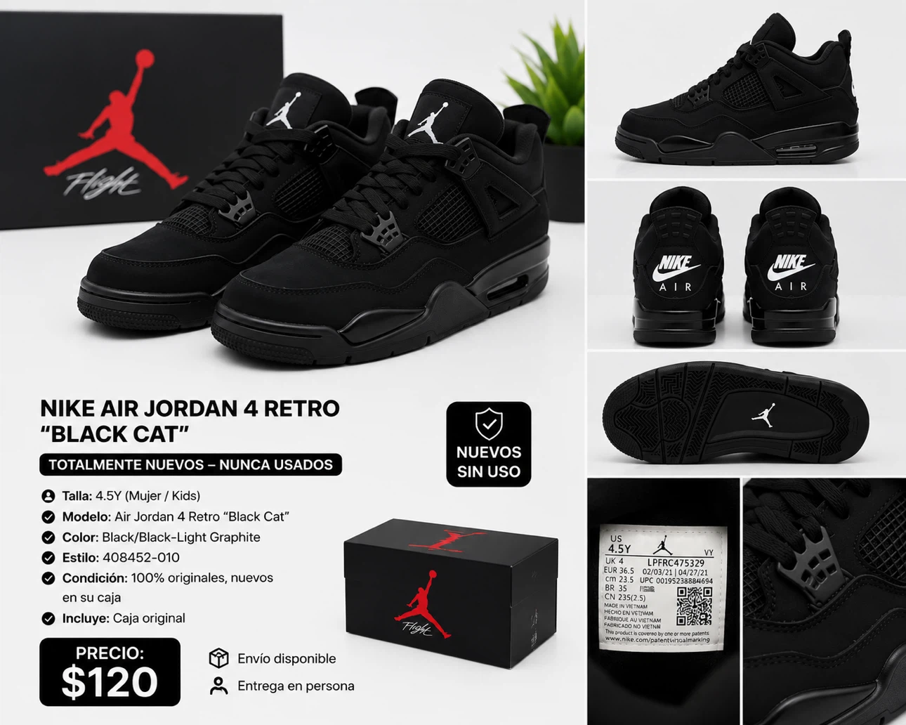 Zapatos air Jordan retro 4 “black cat”. Niños/ mujer 4.5y