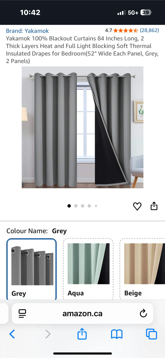 Yakamok Grey 100% Blackout Curtains 2 Panels