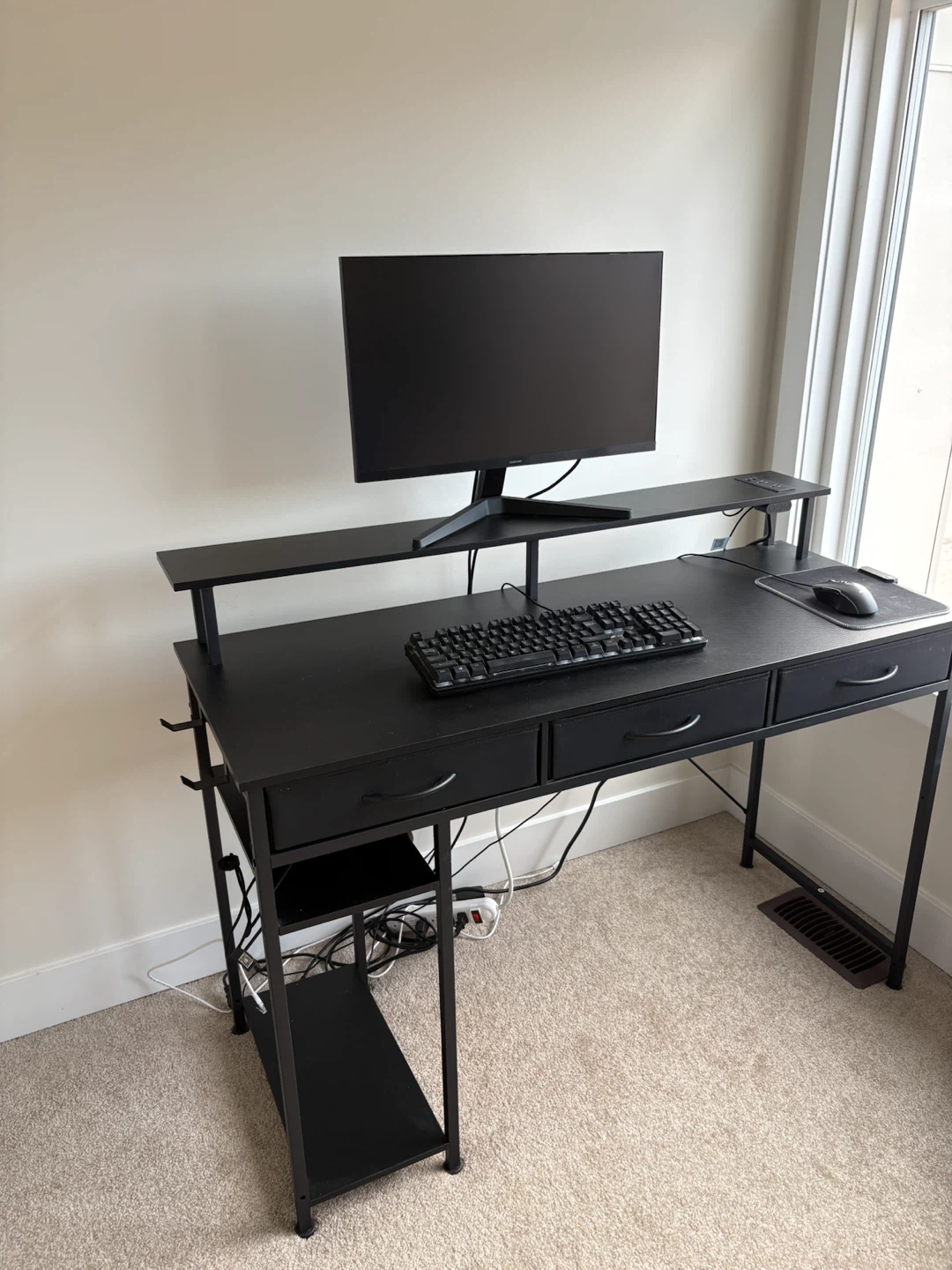 Black Gaming Desk with Monitor Riser and Built-in Power Strip - photo 2
