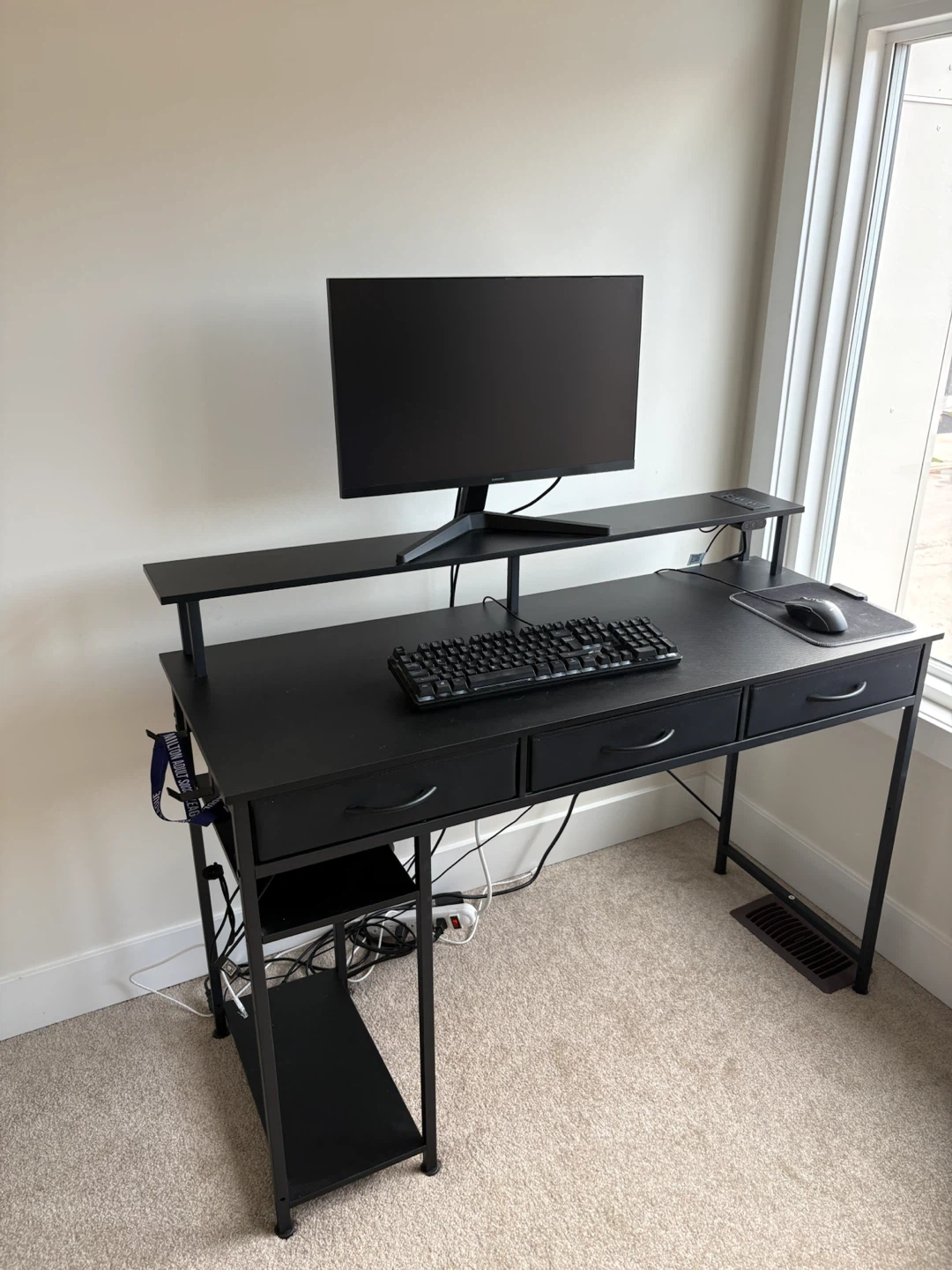 Black Gaming Desk with Monitor Riser and Built-in Power Strip - photo 3