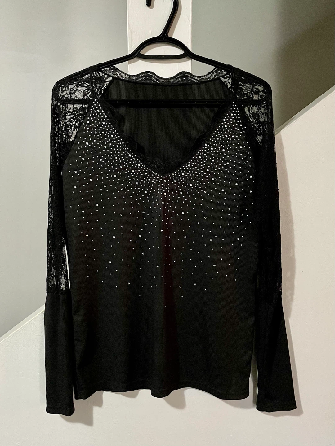 long sleeve top with lace and rhinestones