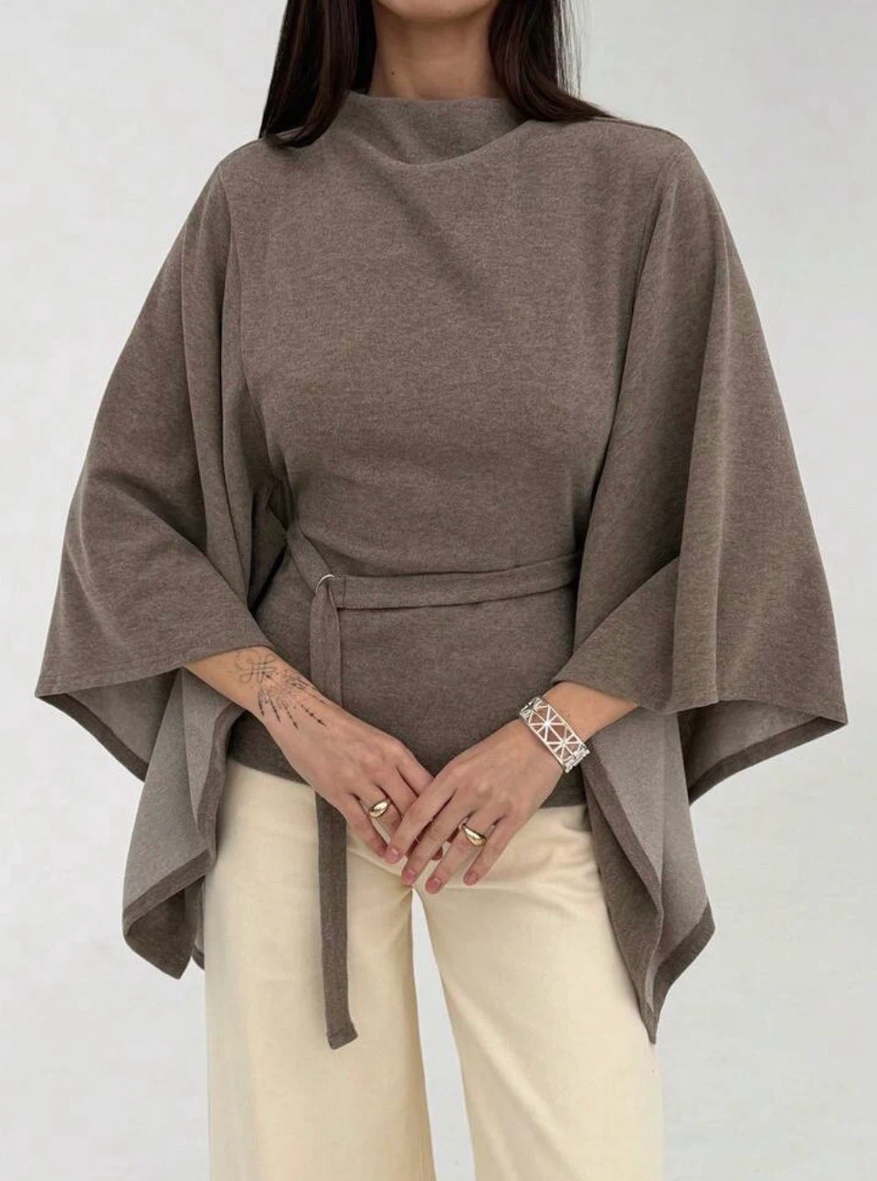 Taupe belted poncho top
