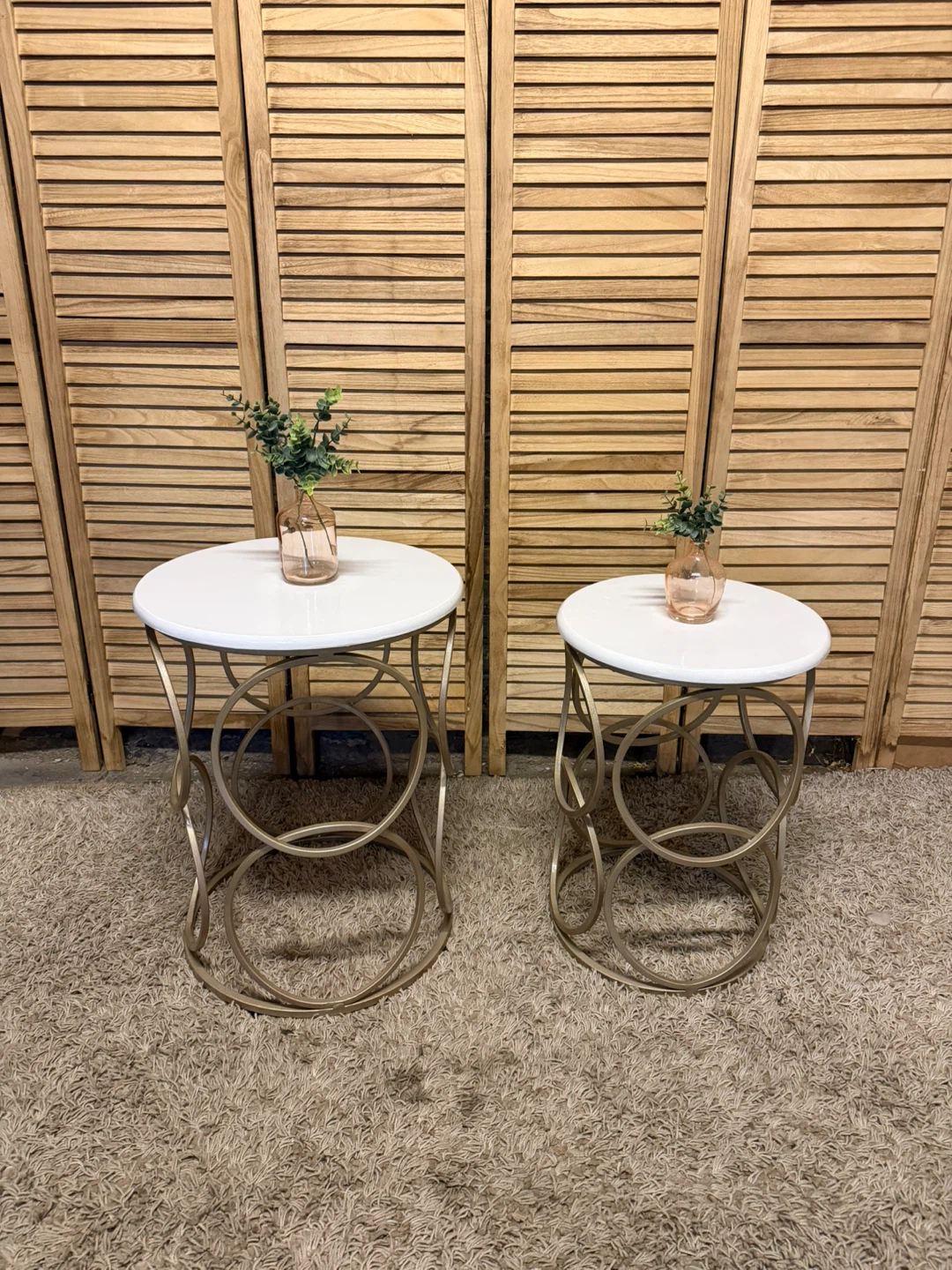 Pair of Round White and Gold Side Tables