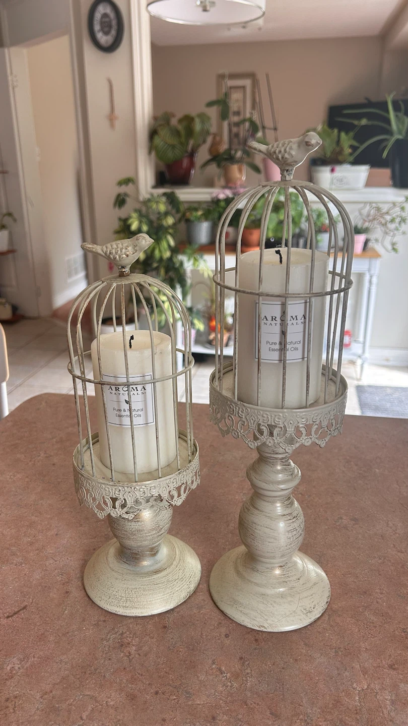 Set of 2 White Bird Cage Candle Holders