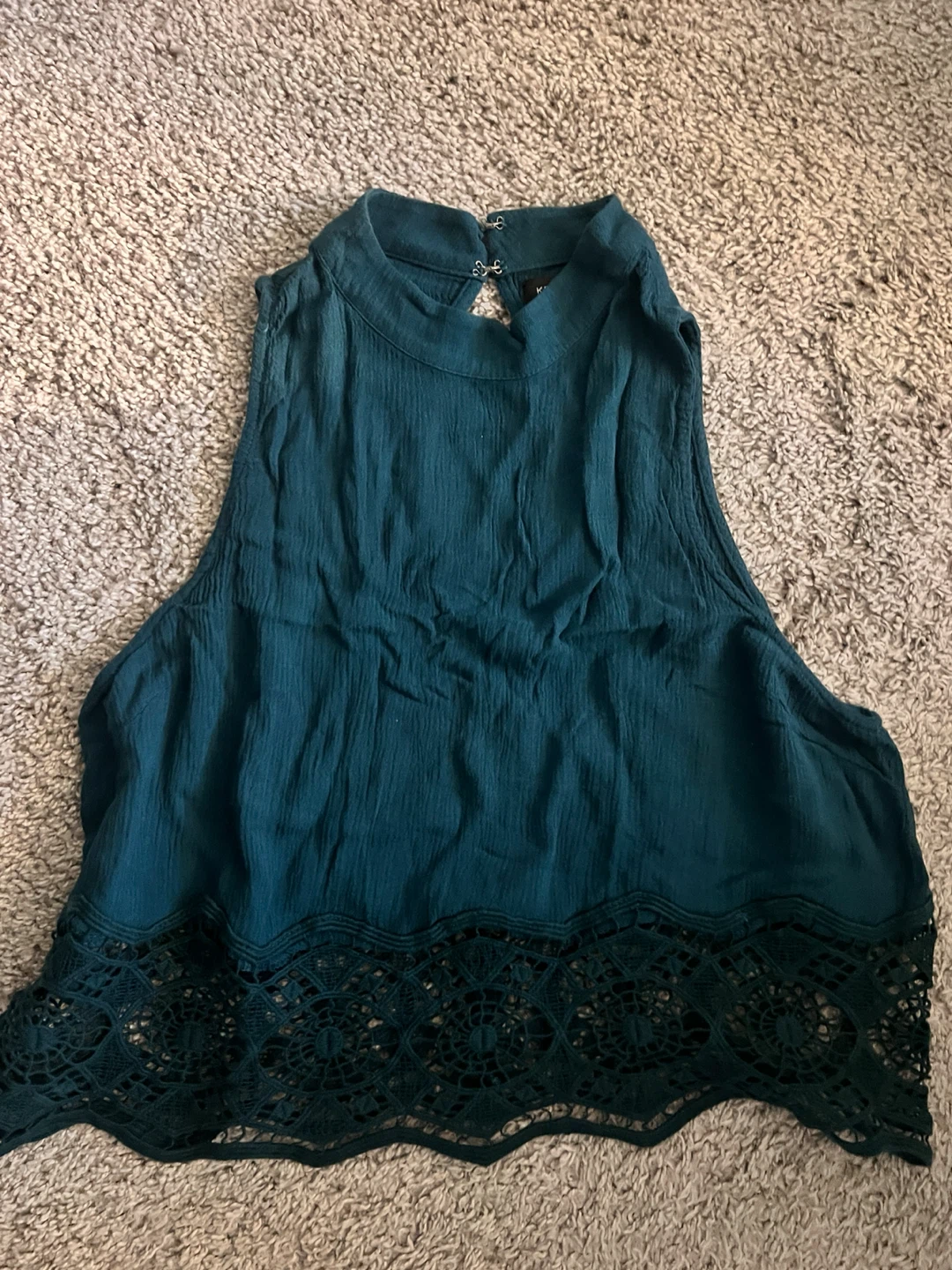 Dark Teal Sleeveless Lace Trim Halter Top