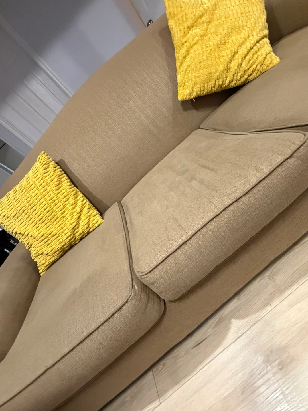 Tan fabric sofa excellent condition, light weight