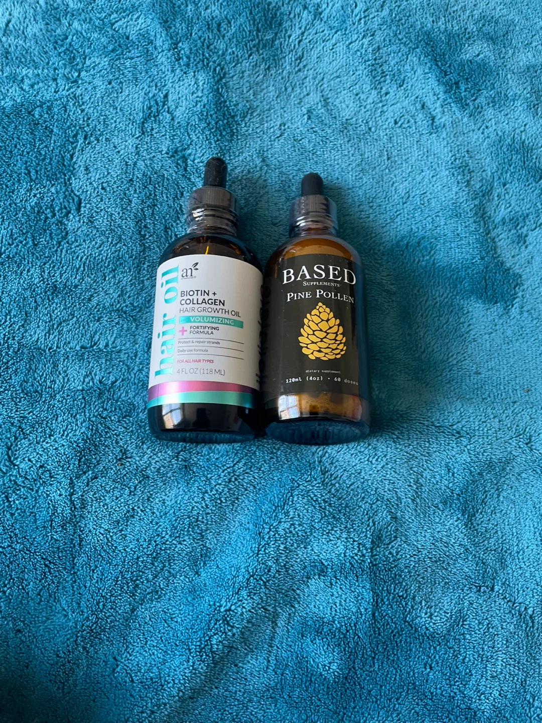 Two piece together, hair growth, oil, and pine pollen