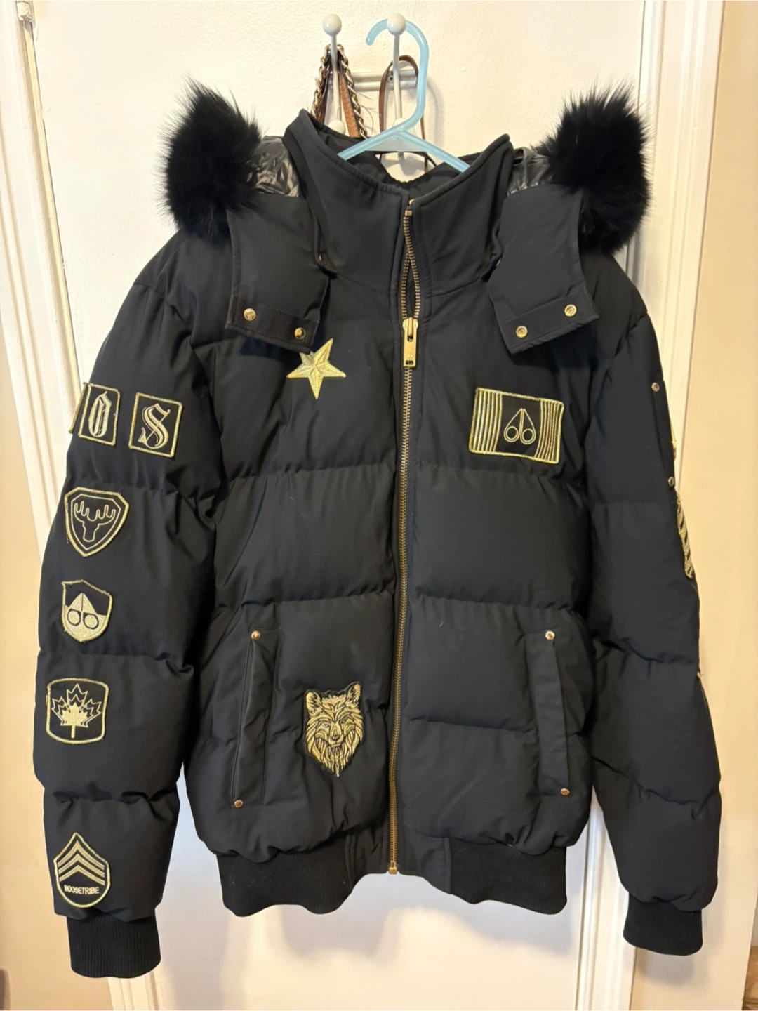Moose Knuckles Black Down Bomber Jacket with Gold Patches (L)