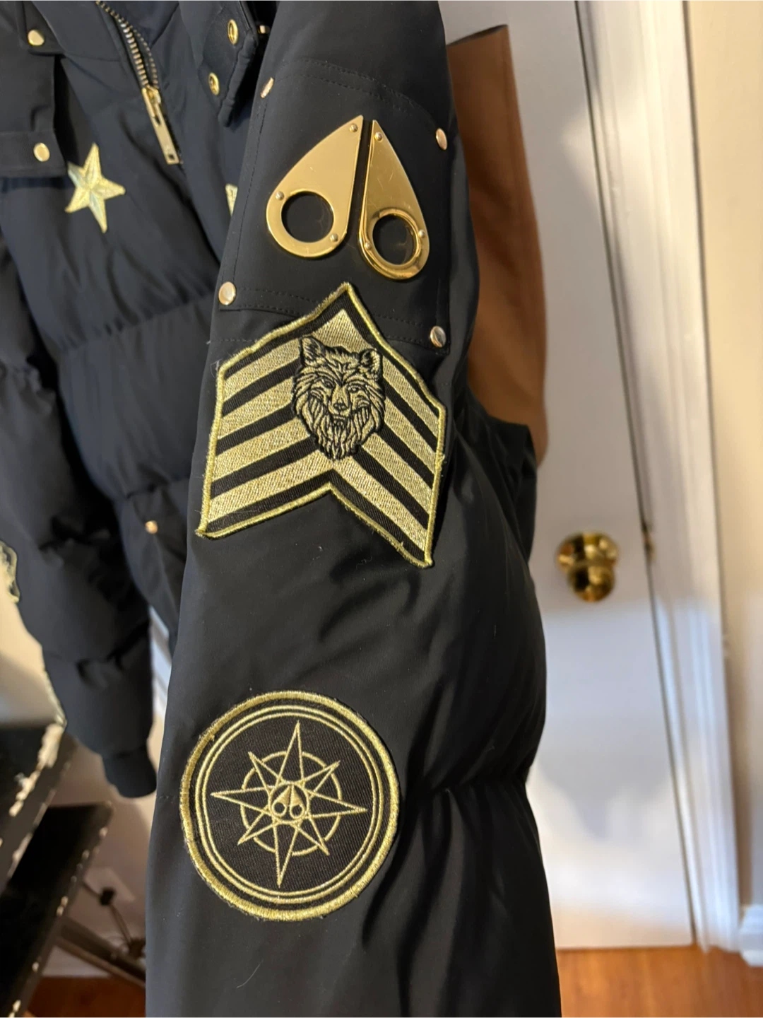 Moose Knuckles Black Down Bomber Jacket with Gold Patches (L) - photo 3