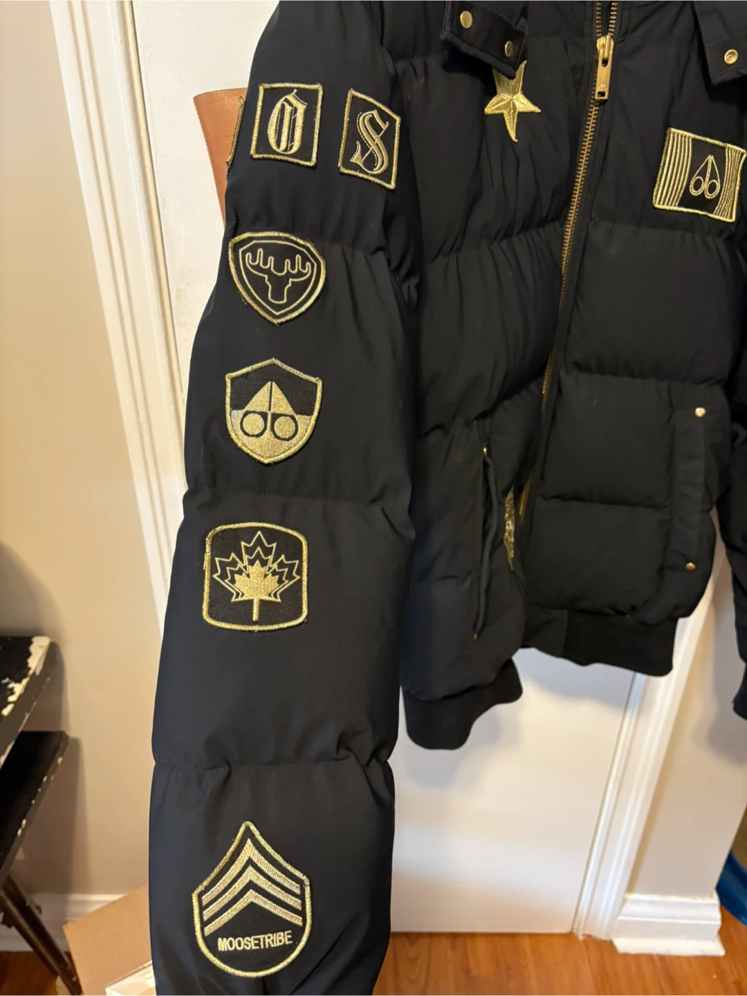 Moose Knuckles Black Down Bomber Jacket with Gold Patches (L) - photo 4