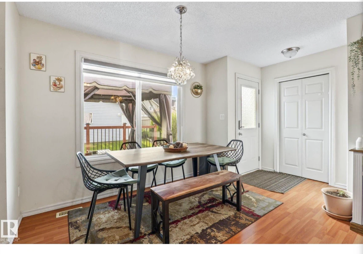 Modern dining table set with bench and four chairs