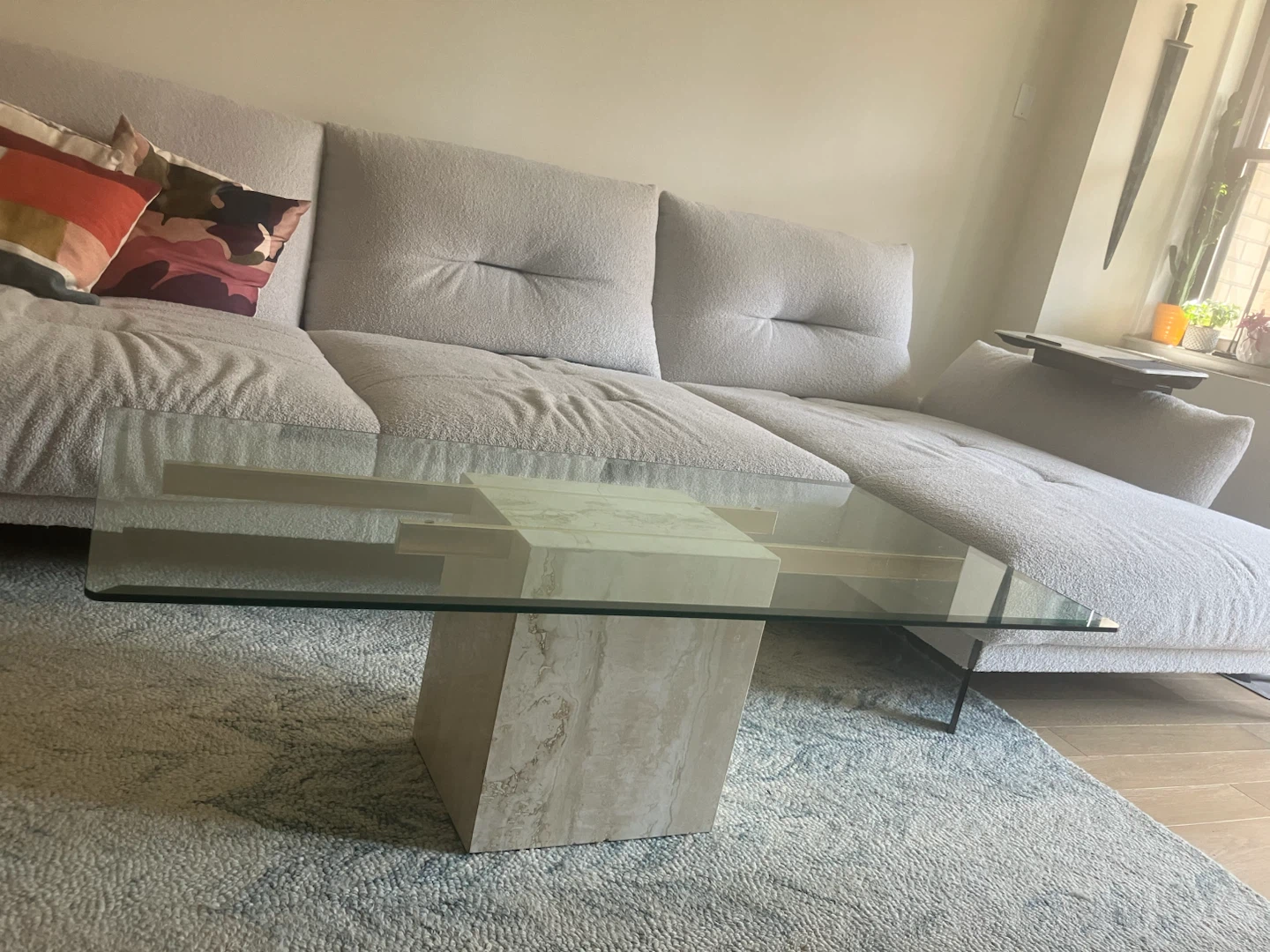 Travertine Marble and Glass Coffee Table