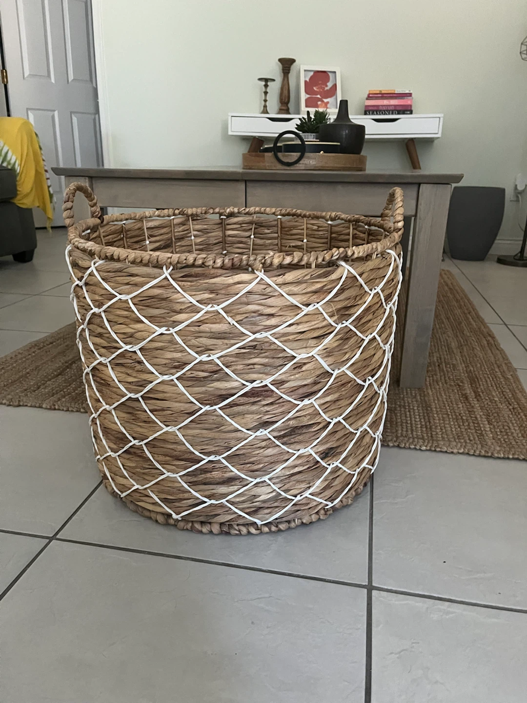 Large Round Woven Storage Basket with White Netting