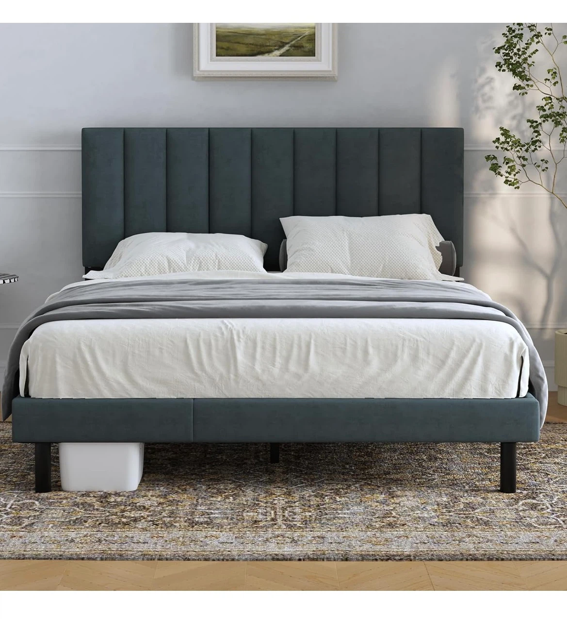 Queen size upholstered bed frame in dark grey