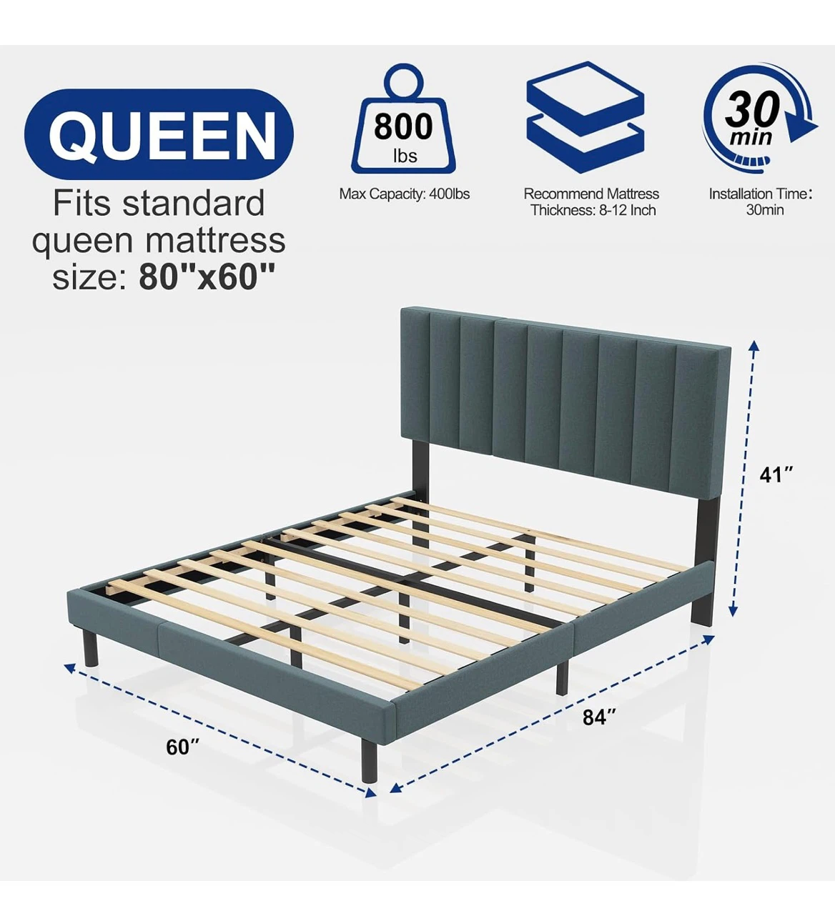 Queen size upholstered bed frame in dark grey - photo 2