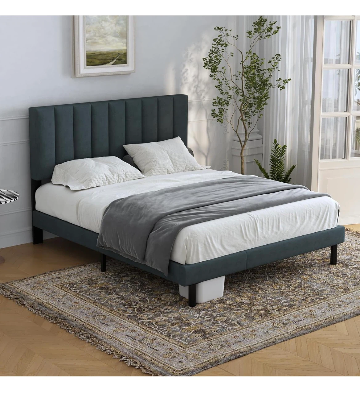 Queen size upholstered bed frame in dark grey - photo 3