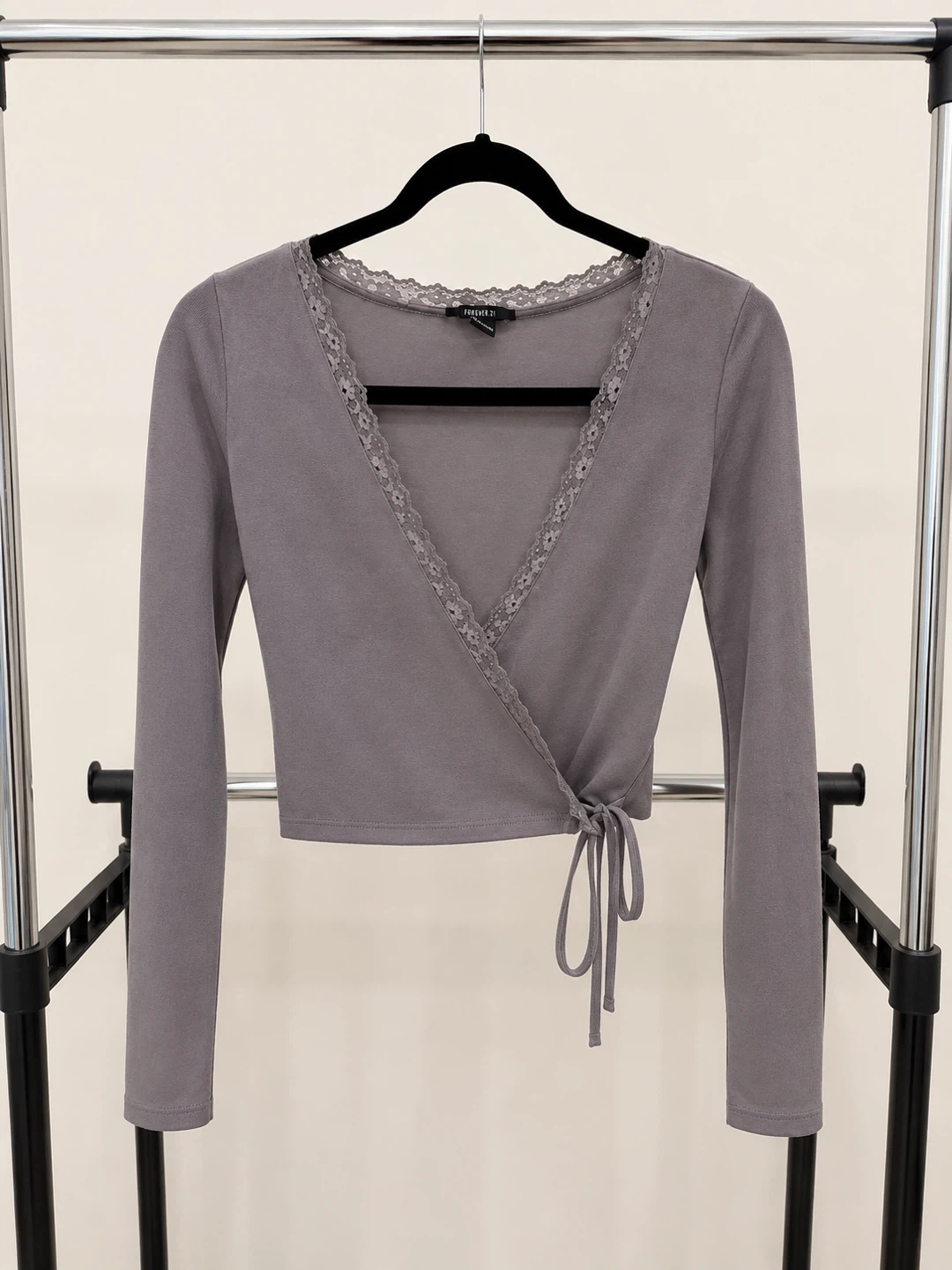 Forever 21 Grey Lace Trim Wrap Top