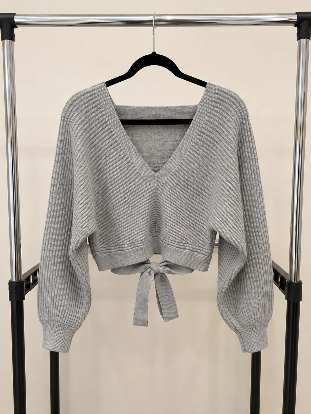 Grey Cropped Tie-Back Cardigan