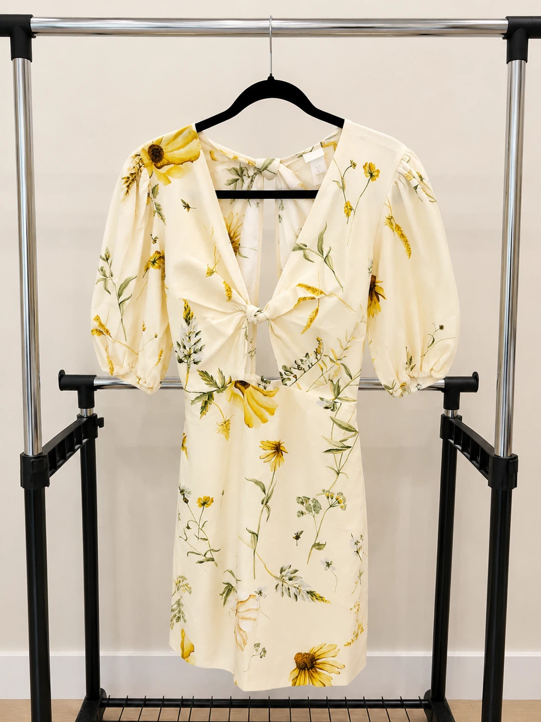 H&M Floral Puff Sleeve Knot Front Mini Dress