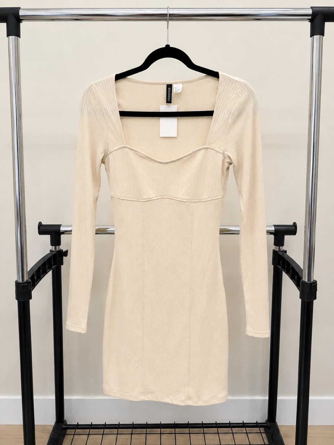 H&M Ribbed Square Neck Mini Dress - Beige