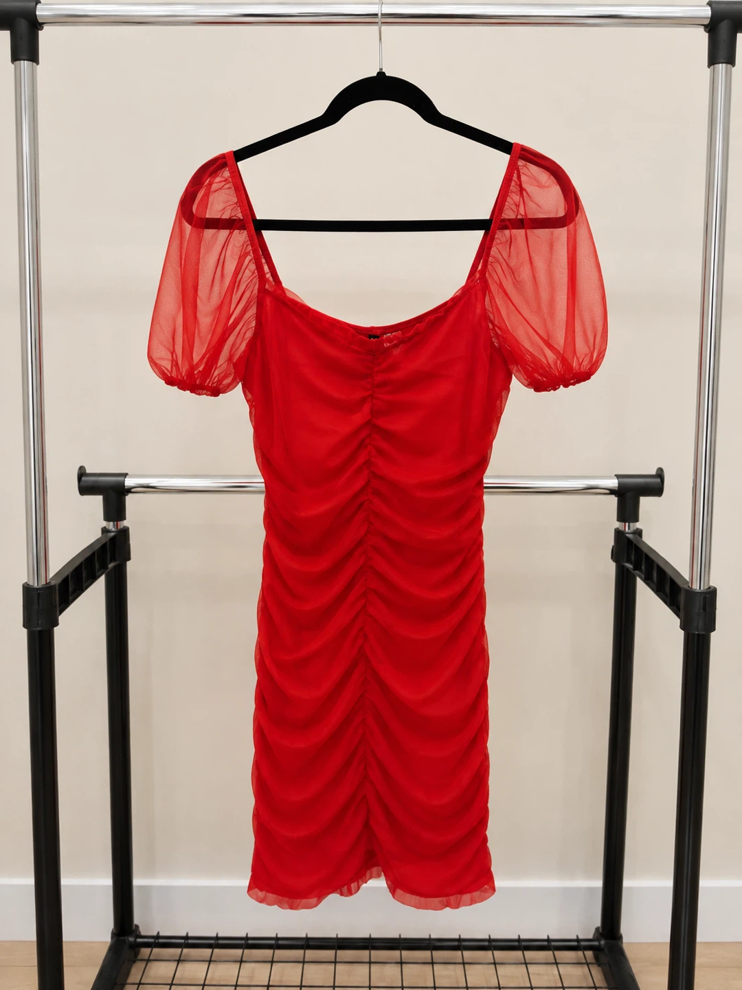 Red Ruched Mesh Puff Sleeve Dress