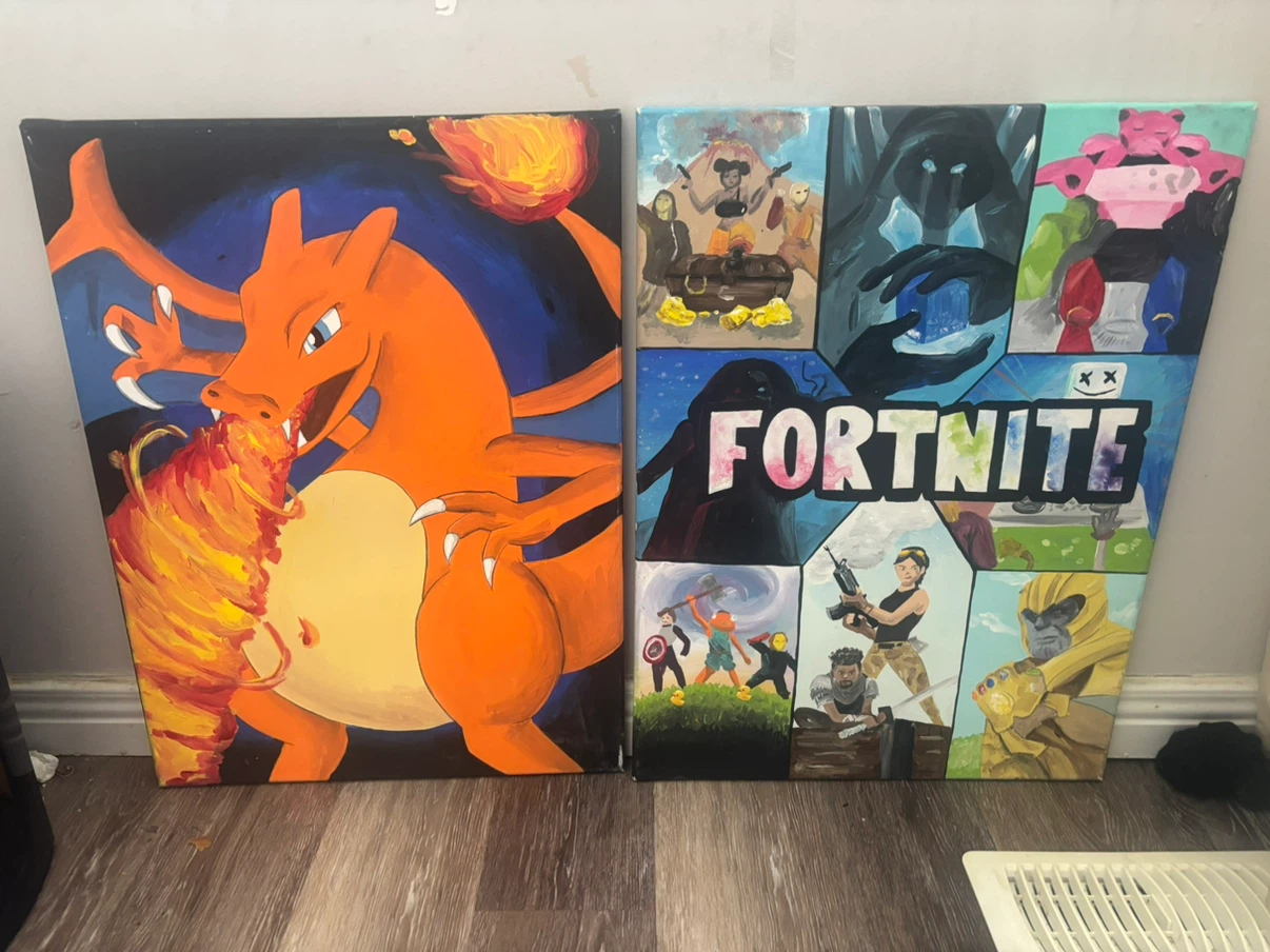 Charizard and Fortnite Hand Painted Canvas Art