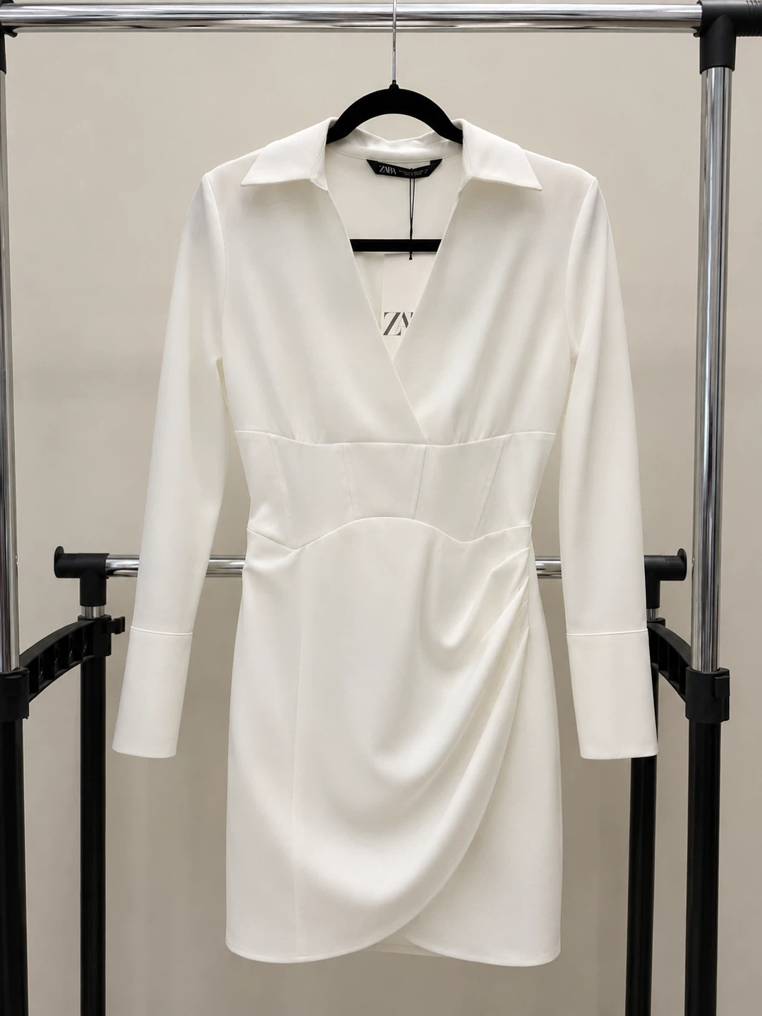 ZARA White Button-Up Ruched Mini Dress
