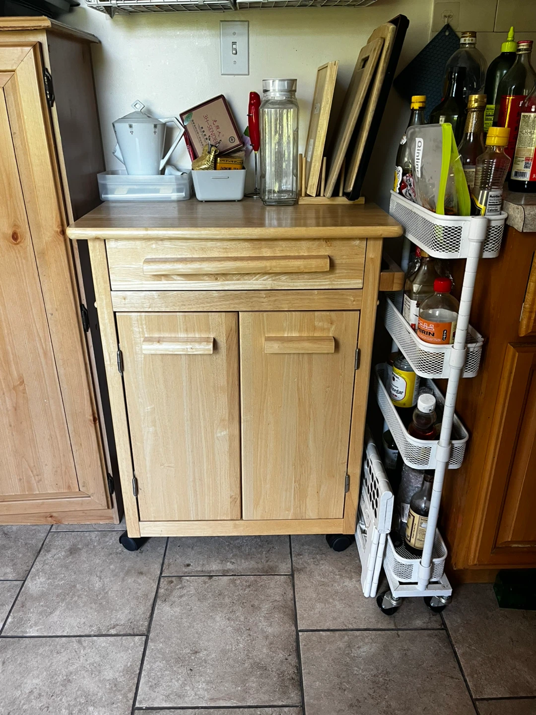 Natural Wood Rolling Kitchen Cart