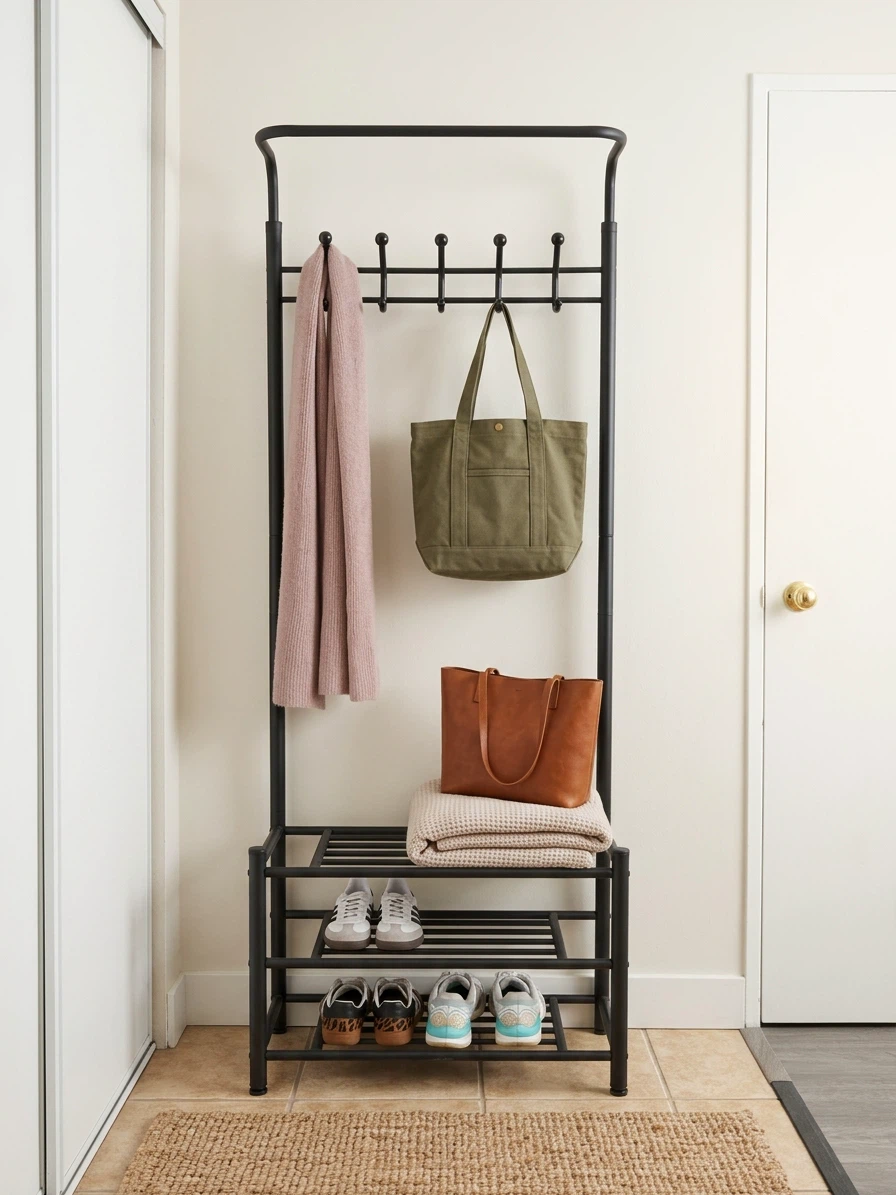 Black Metal Hall Tree with Shoe Rack