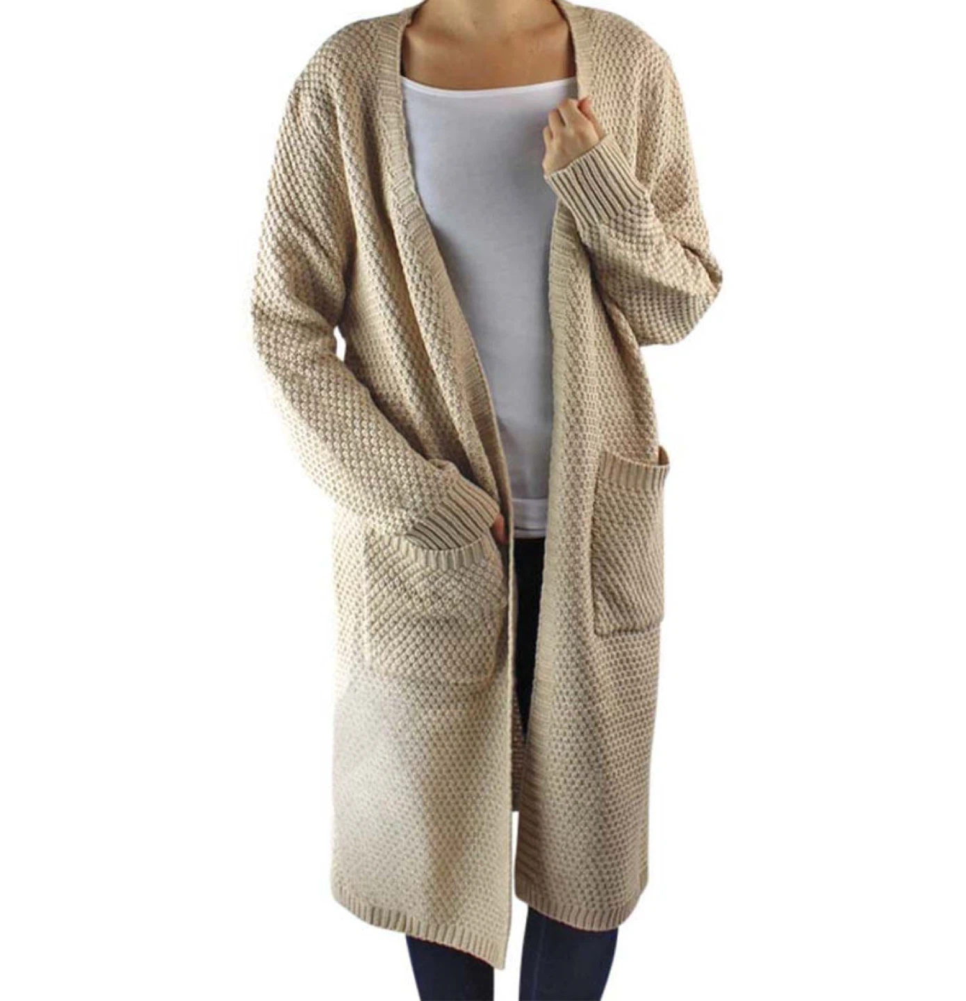 Beige open front waffle knit long cardigan - Size Large