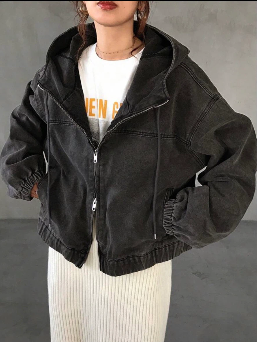 Black hooded denim zip-up jacket